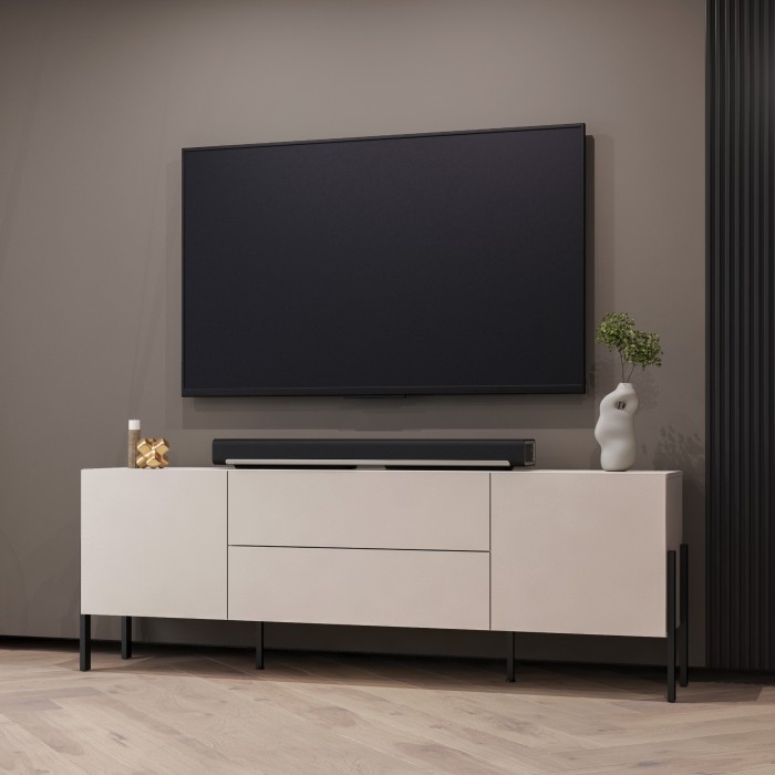Mueble TV SALMA – 2 puertas & 2 cajones Push-to-Open – beige & negro mate, 207×70×40 cm