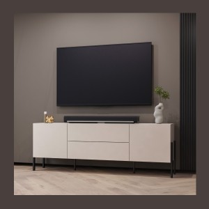 Mobile TV SALMA – 2 porte &amp; 2 cassetti Push-to-Open – beige &amp; nero opaco, 207×70×40 cm