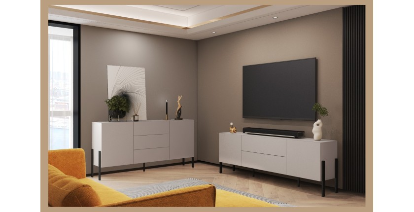 Meuble TV Salma – 2 portes & 2 tiroirs Push-to-Open – beige & noir mat, 207×70×40 cm