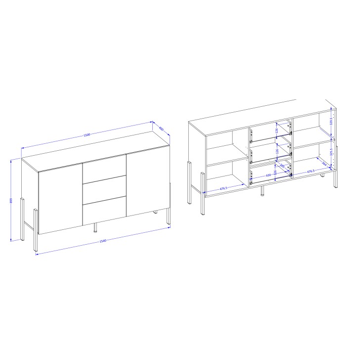 Buffet Design Kollektion SALMA - 2 Türen & 3 Schubladen – Beige & Schwarz Matt, 154×90×40 cm