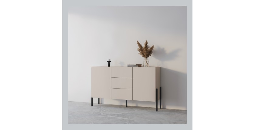 Buffet haut Salma 2 portes & 3 tiroirs Push-to-Open – beige & noir mat, 154×90×40 cm