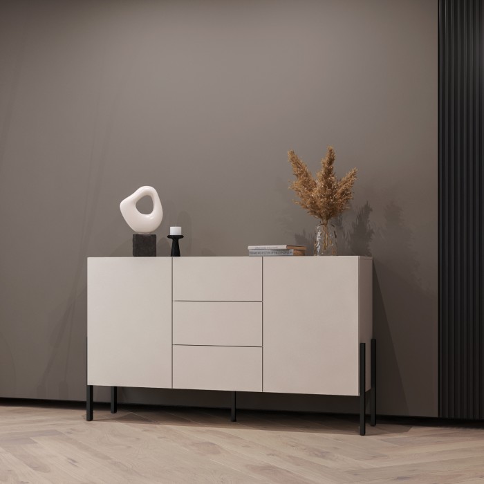 Buffet Design Kollektion SALMA - 2 Türen & 3 Schubladen – Beige & Schwarz Matt, 154×90×40 cm