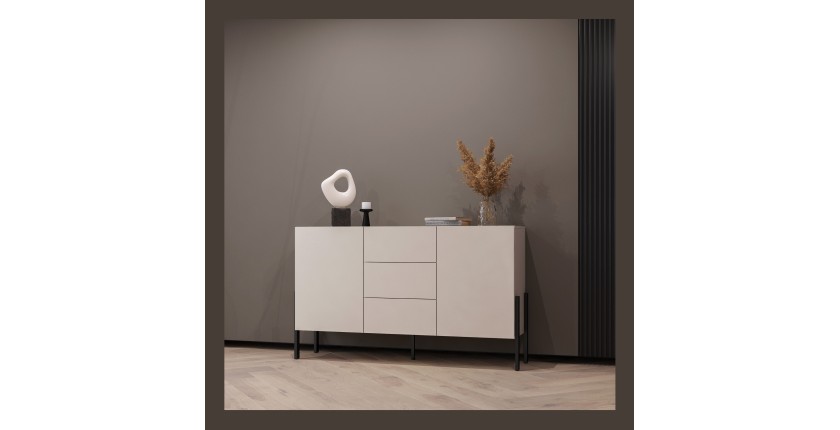 Buffet haut Salma 2 portes & 3 tiroirs Push-to-Open – beige & noir mat, 154×90×40 cm