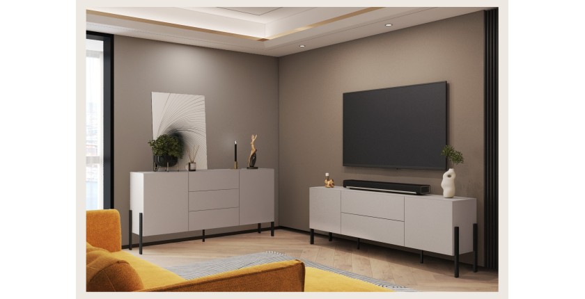 Pack salón SALMA – aparador 2 puertas &amp; 3 cajones y mueble TV 2 puertas &amp; 2 cajones beige &amp; negro mate