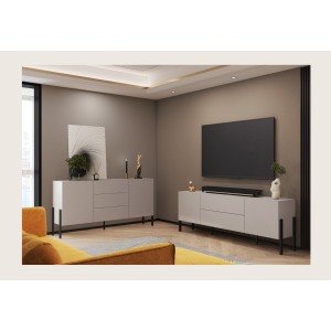 Pack salón SALMA – aparador 2 puertas &amp; 3 cajones y mueble TV 2 puertas &amp; 2 cajones beige &amp; negro mate