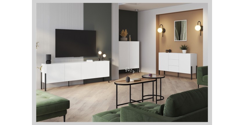 Pack salón SALMA – Buffet XL 4 puertas, armario 2 puertas &amp; buffet 2 puertas y 3 cajones blanco super mate &amp; negro mate