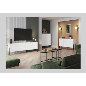 Pack salón SALMA – Buffet XL 4 puertas, armario 2 puertas &amp; buffet 2 puertas y 3 cajones blanco super mate &amp; negro mate