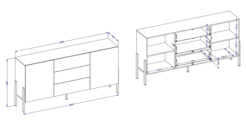 Pack salon SALMA – Buffet 4 portes, armoire 2 portes & buffet haut blanc super mat & noir mat
