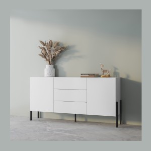 Pack salon SALMA – Meuble TV, buffet 2 portes & 3 tiroirs et armoire blanc super mat & noir mat