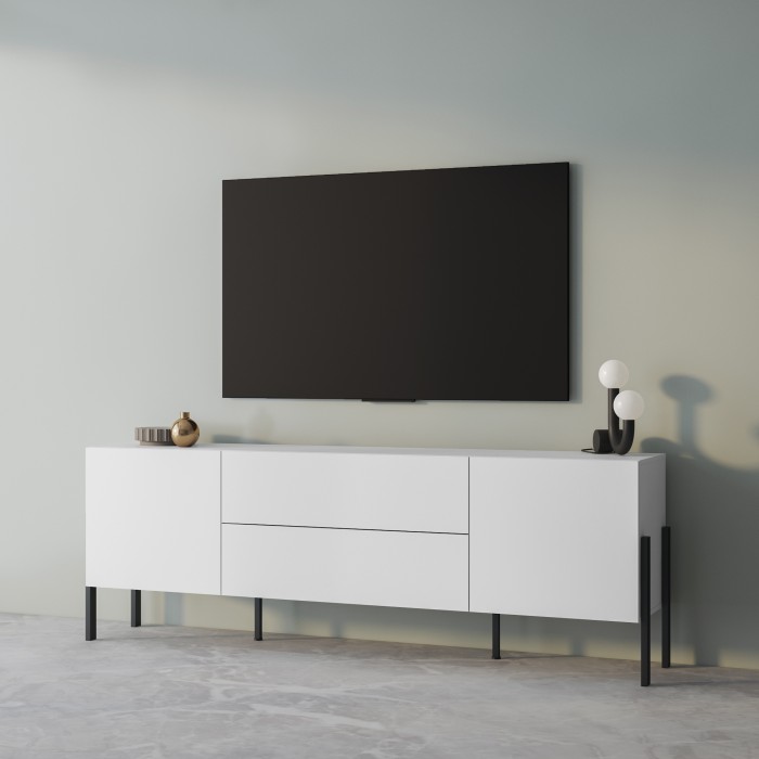 Pack salón SALMA – Mueble TV, buffet 2 puertas & 3 cajones y armario blanco super mate & negro mate