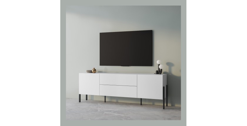 Pack salon SALMA – Meuble TV, buffet 2 portes & 3 tiroirs et armoire blanc super mat & noir mat