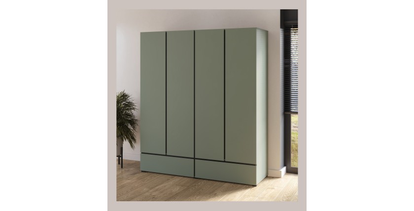 Armoire HAVANA 180 cm – 4 portes + 2 tiroirs – Coloris vert sauge et noir – Design moderne et grande capacité