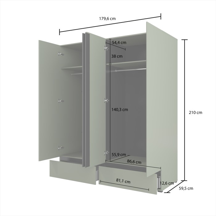 Armadio HAVANA 180 cm – 4 porte + 2 cassetti – Colore verde salvia e nero – Design moderno e grande capacità