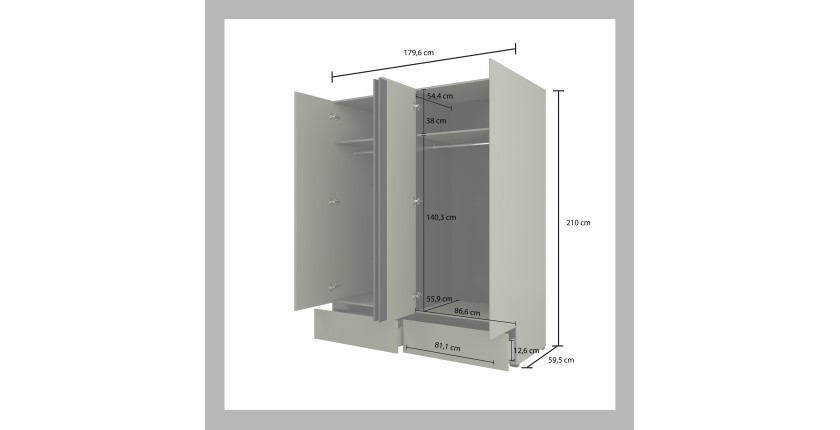 Armoire HAVANA 180 cm – 4 portes + 2 tiroirs – Coloris vert sauge et noir – Design moderne et grande capacité