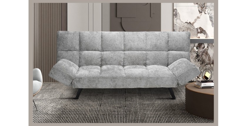 Canapé-lit SALVORA – Tissu gris – Matelas mousse intégré – Structure bois – Design compact et pratique