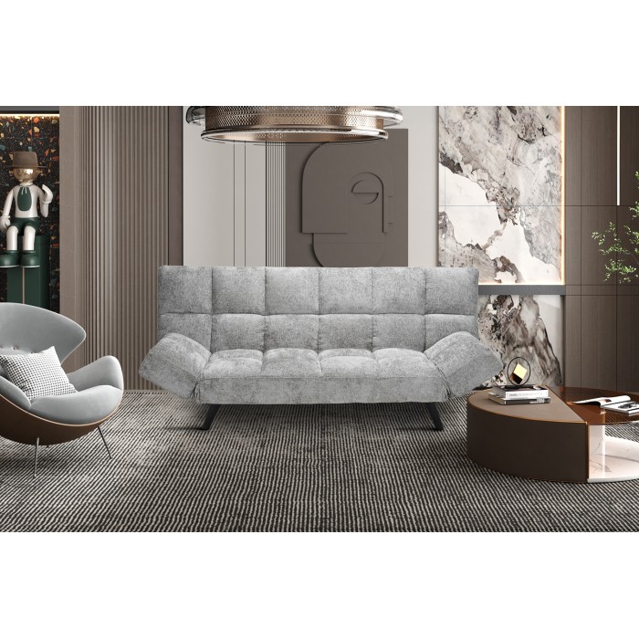 Slaapbank SALVORA - Grijze stof - Geïntegreerd schuimmatras - Houten structuur - Compact en praktisch ontwerp