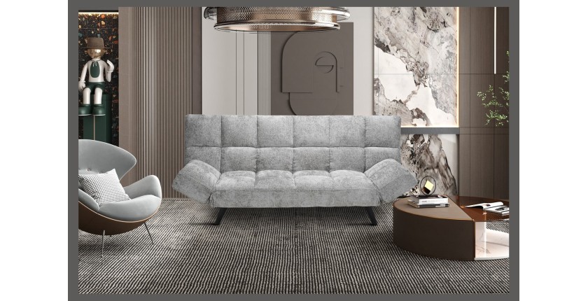 Canapé-lit SALVORA – Tissu gris – Matelas mousse intégré – Structure bois – Design compact et pratique