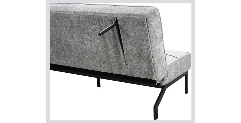 Canapé-lit CALMORA – Tissu gris – Matelas intégré – Structure bois – Design compact et élégant