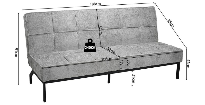 Canapé-lit CALMORA – Tissu gris – Matelas intégré – Structure bois – Design compact et élégant