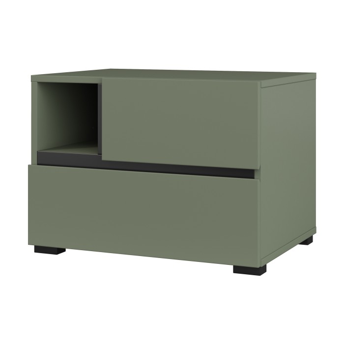 Table de chevet HAVANA – 2 tiroirs et 1 niche – Coloris vert sauge et noir – Design compact et élégant