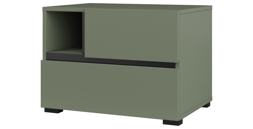 Table de chevet HAVANA – 2 tiroirs et 1 niche – Coloris vert sauge et noir – Design compact et élégant