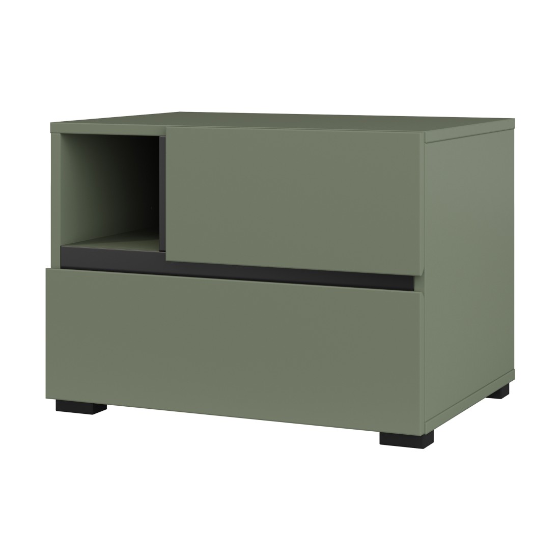 Table de chevet HAVANA – 2 tiroirs et 1 niche – Coloris vert sauge et noir – Design compact et élégant