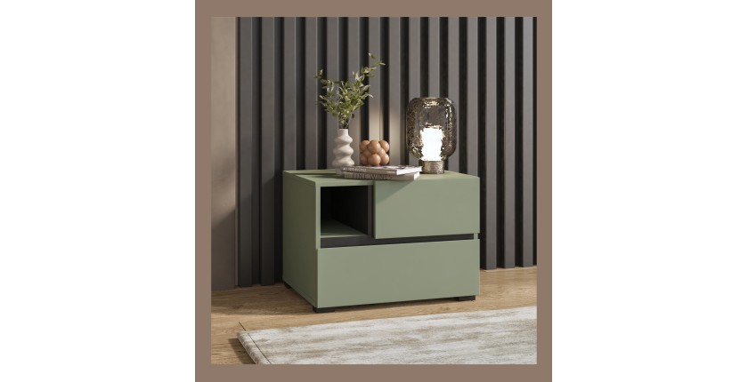 Table de chevet HAVANA – 2 tiroirs et 1 niche – Coloris vert sauge et noir – Design compact et élégant