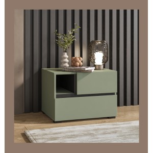 Mesa de noche HAVANA – 2 cajones y 1 nicho – Color verde salvia y negro – Diseño compacto y elegante