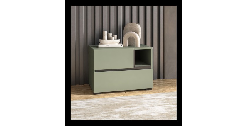 Mesa de noche HAVANA – 2 cajones y 1 nicho – Color verde salvia y negro – Diseño compacto y elegante