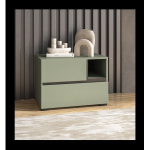 Table de chevet HAVANA – 2 tiroirs et 1 niche – Coloris vert sauge et noir – Design compact et élégant
