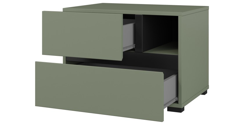 Table de chevet HAVANA – 2 tiroirs et 1 niche – Coloris vert sauge et noir – Design compact et élégant