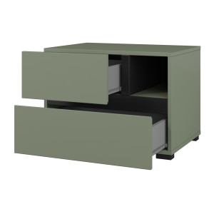 Table de chevet HAVANA – 2 tiroirs et 1 niche – Coloris vert sauge et noir – Design compact et élégant