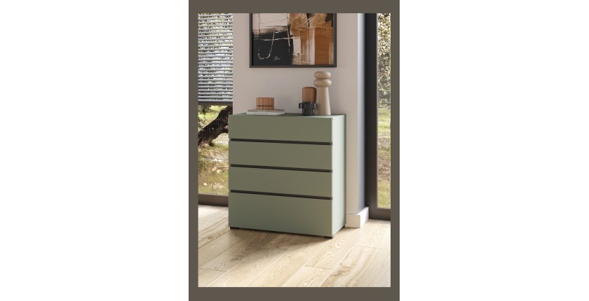 Commode HAVANA – 4 tiroirs – Coloris vert sauge et noir – Style moderne et rangement compact