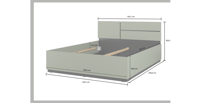 Bett HAVANA 160x200 cm – Farbe Salbeigrün und Schwarz – Robuste Struktur und modernes Design