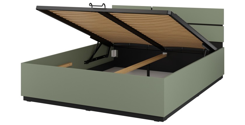 Lit HAVANA 160x200 cm – Coloris vert sauge et noir – Avec coffre de rangement – Design pratique et moderne