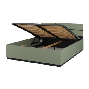 Lit HAVANA 160x200 cm – Coloris vert sauge et noir – Avec coffre de rangement – Design pratique et moderne