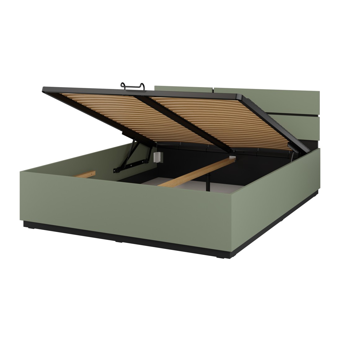 Lit HAVANA 160x200 cm – Coloris vert sauge et noir – Avec coffre de rangement – Design pratique et moderne