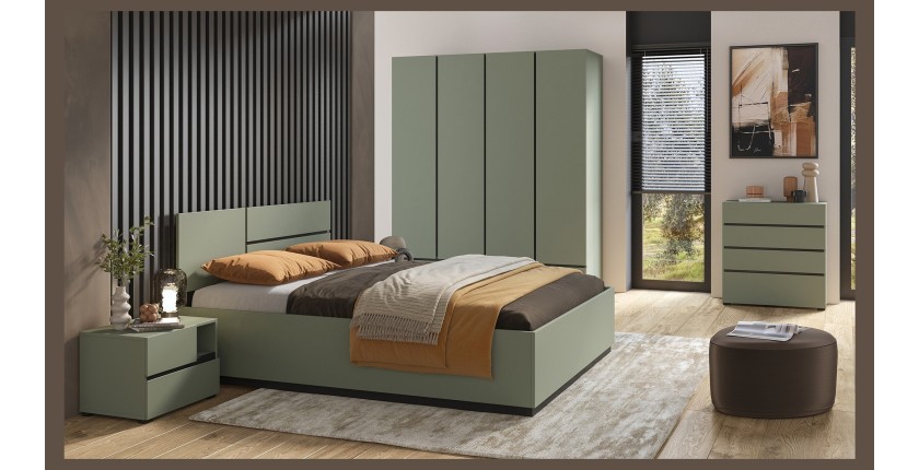 Lit HAVANA 160x200 cm – Coloris vert sauge et noir – Avec coffre de rangement – Design pratique et moderne