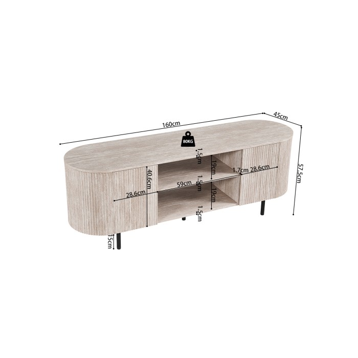 Meuble TV VAGOS – Coloris chêne clair – Meuble TV arrondi – 2 portes & 2 niches – 160 cm – Design moderne