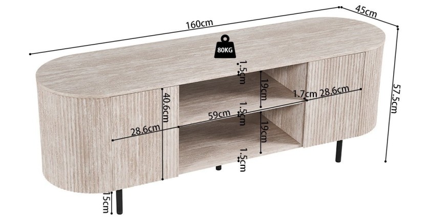 Mueble para TV VAGOS – Color roble claro – Mueble para TV redondeado – 2 puertas &amp; 2 nichos – 160 cm – Diseño moderno