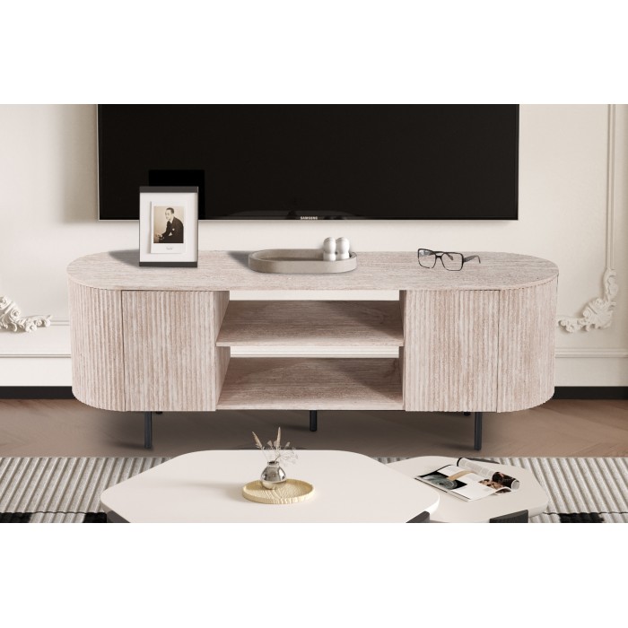 Meuble TV VAGOS – Coloris chêne clair – Meuble TV arrondi – 2 portes & 2 niches – 160 cm – Design moderne