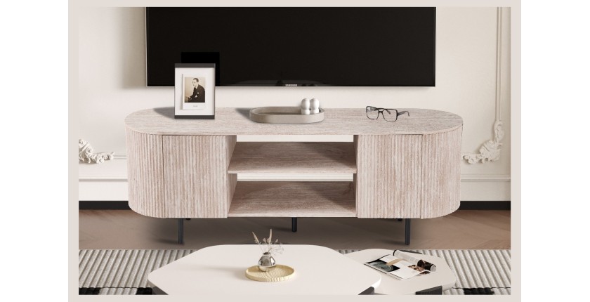 Mueble para TV VAGOS – Color roble claro – Mueble para TV redondeado – 2 puertas &amp; 2 nichos – 160 cm – Diseño moderno