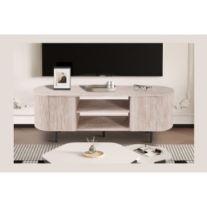 Mueble para TV VAGOS – Color roble claro – Mueble para TV redondeado – 2 puertas &amp; 2 nichos – 160 cm – Diseño moderno