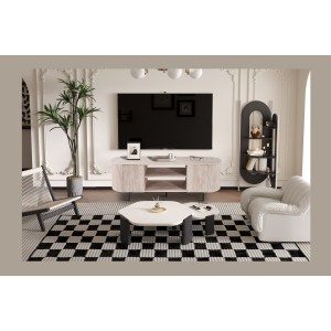 Mueble para TV VAGOS – Color roble claro – Mueble para TV redondeado – 2 puertas &amp; 2 nichos – 160 cm – Diseño moderno