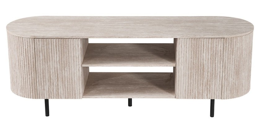 Mueble para TV VAGOS – Color roble claro – Mueble para TV redondeado – 2 puertas &amp; 2 nichos – 160 cm – Diseño moderno