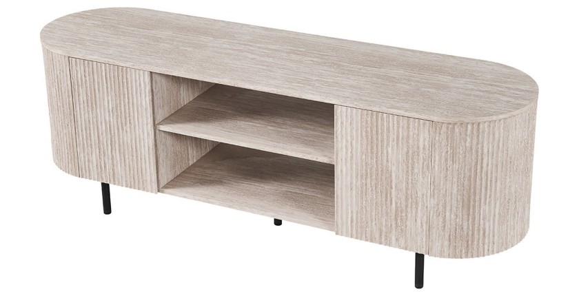 Mueble para TV VAGOS – Color roble claro – Mueble para TV redondeado – 2 puertas &amp; 2 nichos – 160 cm – Diseño moderno