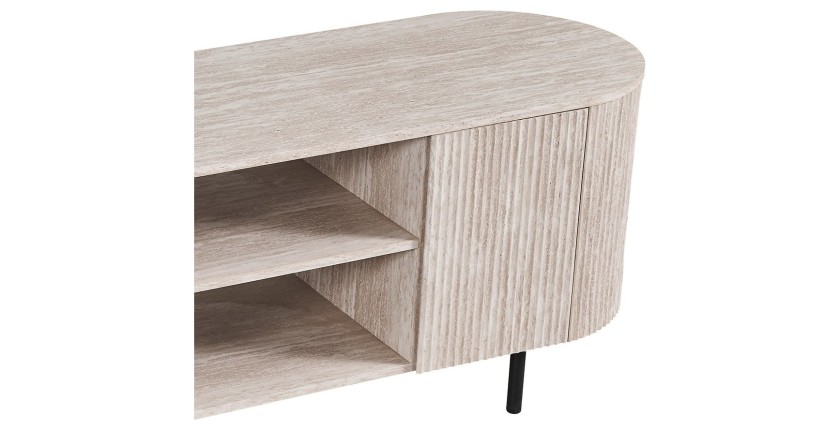 Mueble para TV VAGOS – Color roble claro – Mueble para TV redondeado – 2 puertas &amp; 2 nichos – 160 cm – Diseño moderno