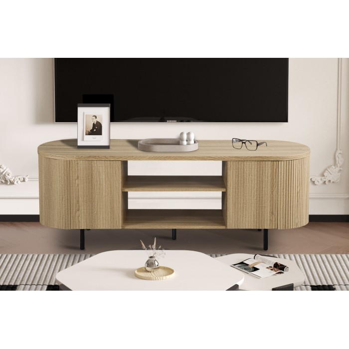 Meuble TV VAGOS – Kleur natuurlijke eik – 2 deuren & 2 vakken – 160 cm – Afgerond design en functioneel TV-meubel