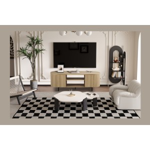 Meuble TV VAGOS – Coloris chêne naturel – 2 portes & 2 niches – 160 cm – Meuble TV arrondi design et fonctionnel
