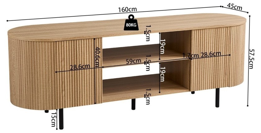 Meuble TV VAGOS – Coloris chêne naturel – 2 portes & 2 niches – 160 cm – Meuble TV arrondi design et fonctionnel